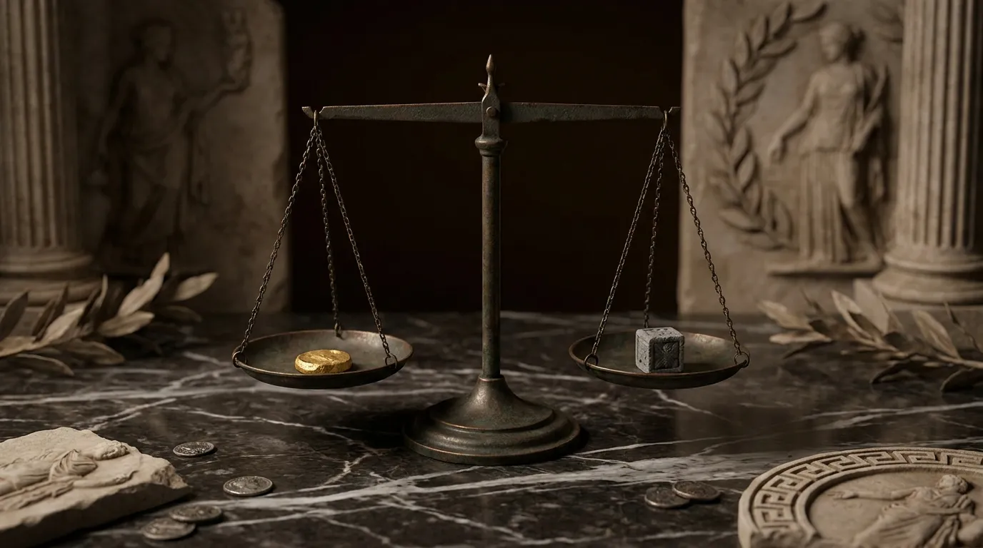 Aged bronze balance scales on dark veined marble table, one pan holding a gold disc, the other a carved stone cube, beam near