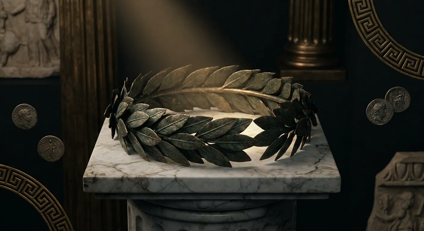 Aged bronze laurel victory wreath with dark patina resting on white veined marble pedestal under a single dramatic beam of li