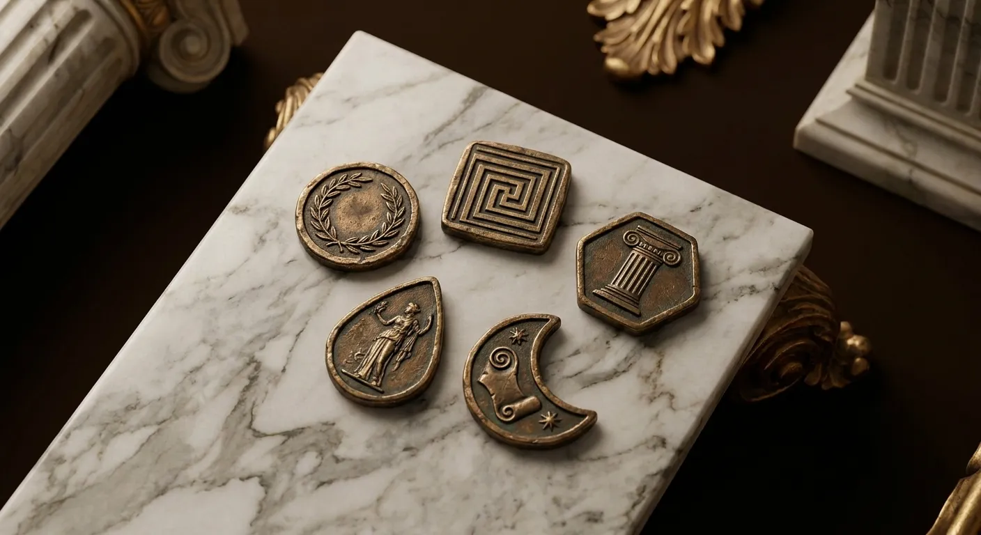 Five aged bronze tokens in round, square, hexagonal, teardrop and crescent shapes fanned on white veined marble, dark cinemat