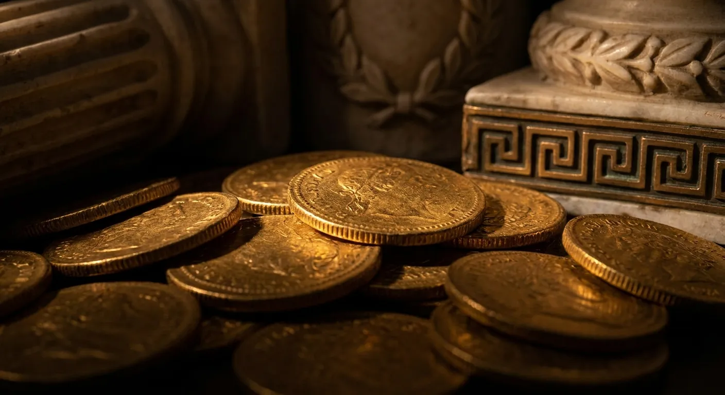 Extreme macro close-up of a loose heap of small aged gold discs with milled edges and worn surfaces catching warm directional