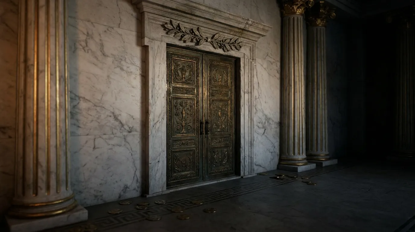 Tall closed bronze doors set into a veined marble wall with carved laurel stone lintel, dark empty corridor, warm cinematic s