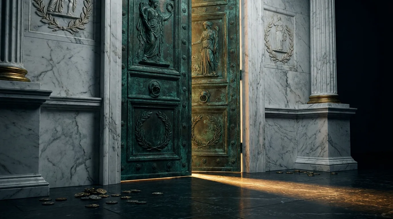 Heavy aged bronze doors set into a white marble wall, warm golden light escaping through the narrow gap onto a dark floor.
