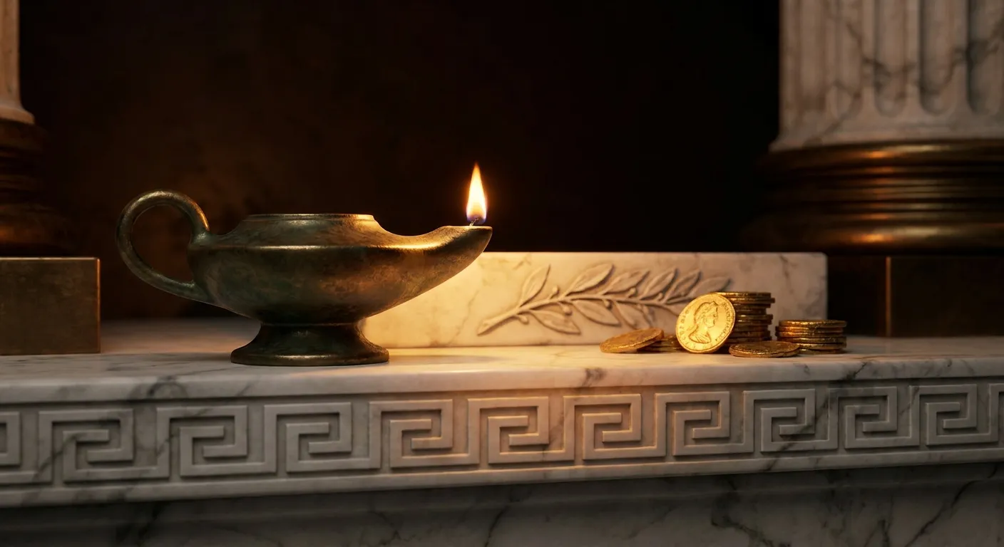 Aged bronze oil lamp with live flame resting on white veined marble ledge, warm glow casting light across a carved Greek key 