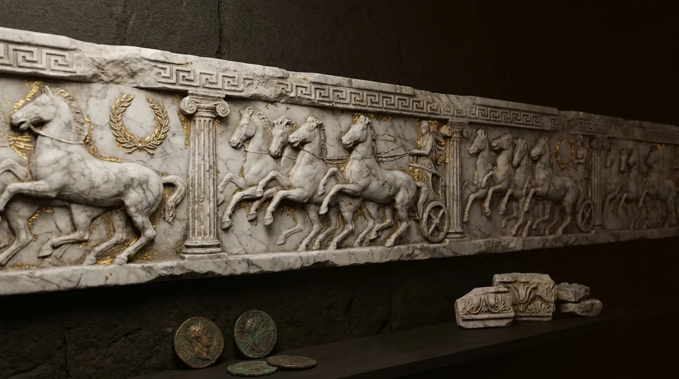 Weathered marble stone frieze depicting galloping horses and chariots in low relief, with traces of gold leaf on a dark cinem