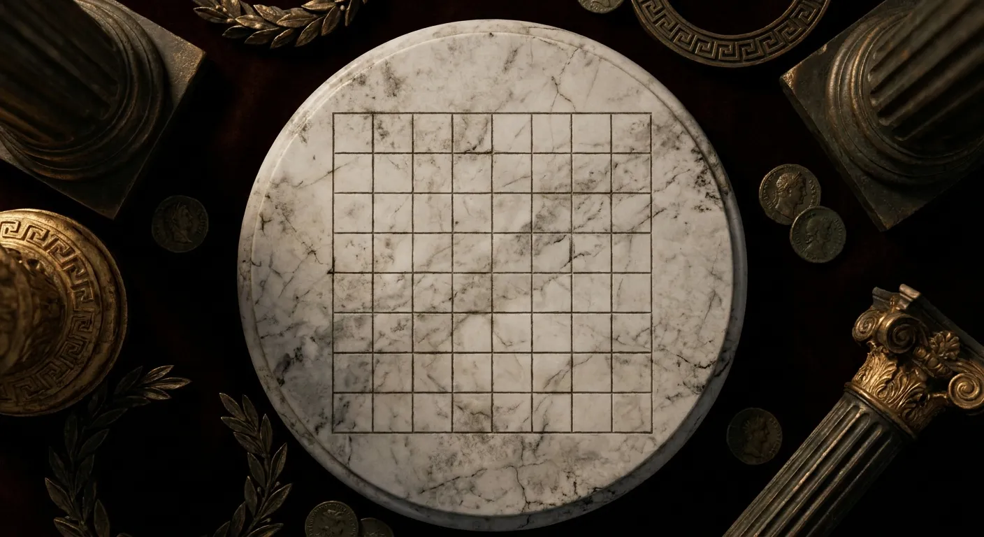 Ancient incised grid lines carved into white veined marble table, overhead view, dark warm cinematic lighting with aged gold 