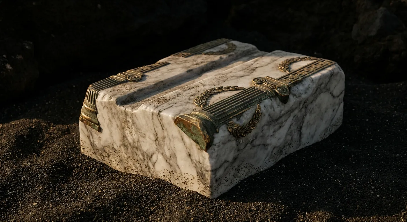 Weathered ancient marble starting block with twin parallel grooves, dramatically side-lit against a deep warm dark background