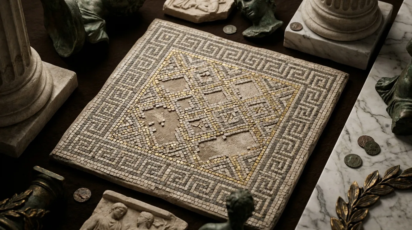 Ancient mosaic floor panel with gilded marble tesserae in geometric pattern, Greek key meander border, dark cinematic side li
