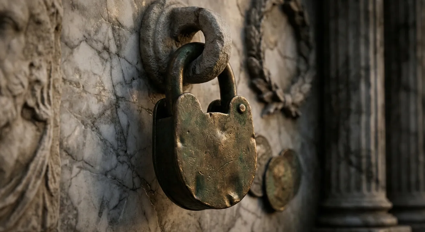 Heavy antique bronze padlock with deep patina and tool marks hanging from a carved stone ring on weathered veined marble wall