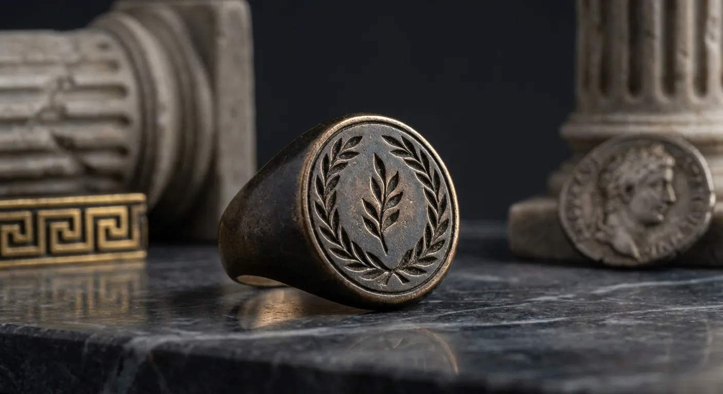 Macro close-up of an antique bronze signet ring on dark polished stone, carved laurel bezel with aged patina and cinematic si