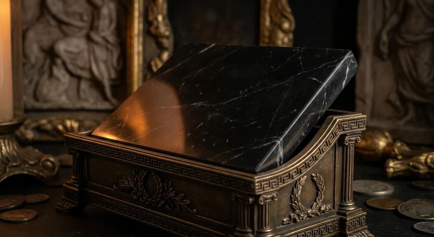 Polished black marble slab angled in a carved bronze cradle, warm reflections across veined surface, classical antiquity moti