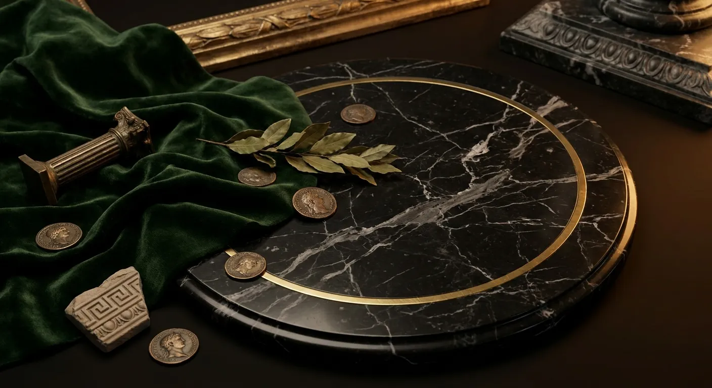 Overhead cinematic still life of a round black marble table with gold inlay ring and dark green velvet cloth draped over the 