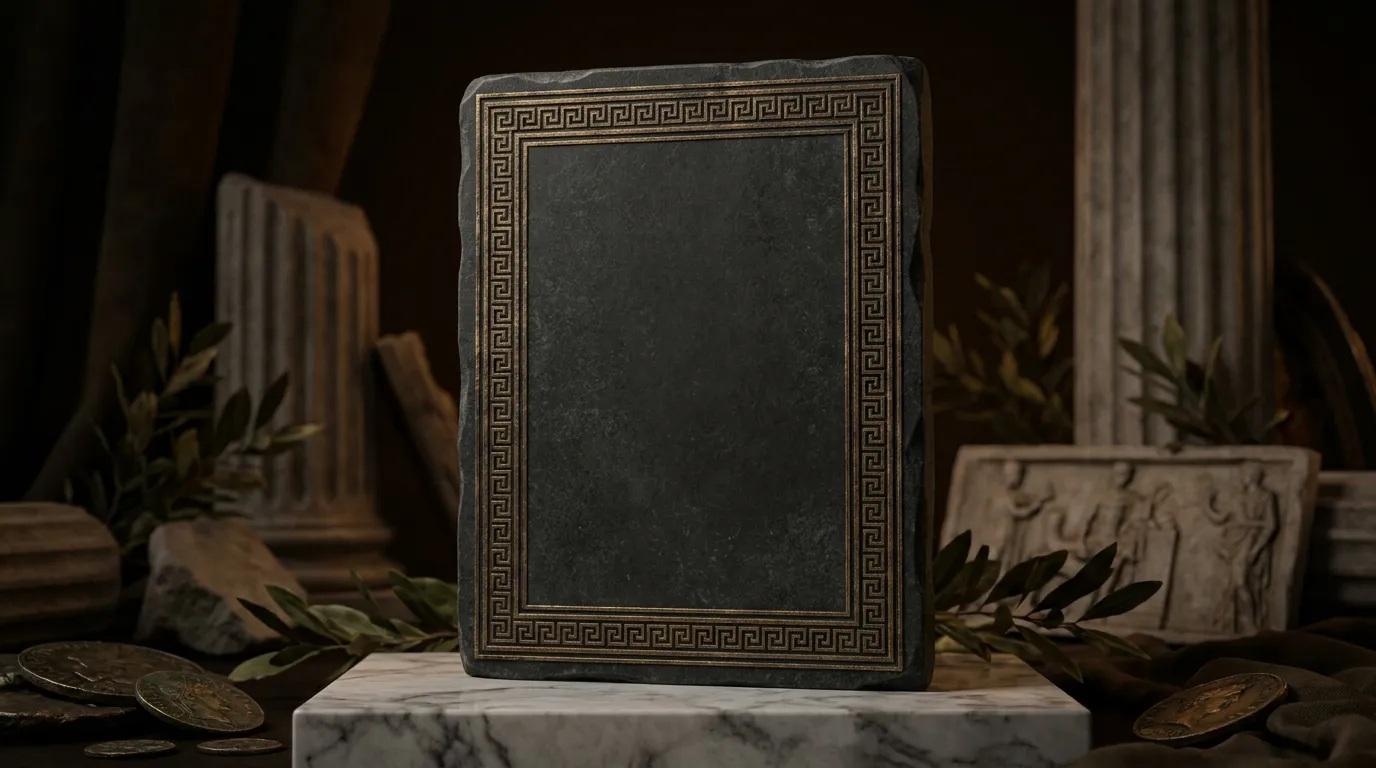 Tall rectangular stone tablet with carved Greek key meander border standing on marble plinth, cinematic side lighting against
