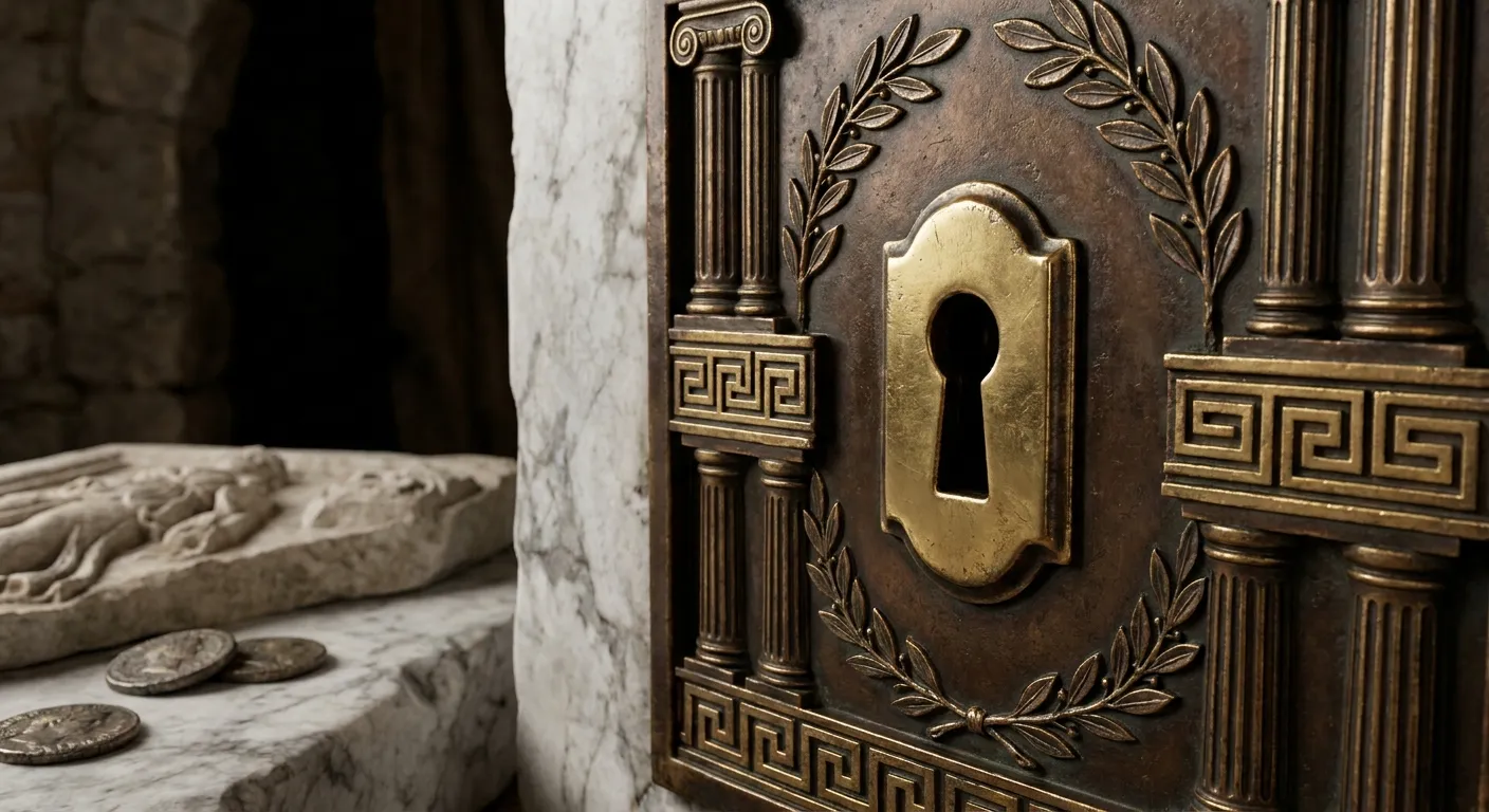 Extreme close-up of a polished brass keyhole escutcheon on aged dark bronze panel with classical antiquity motifs, marble, an