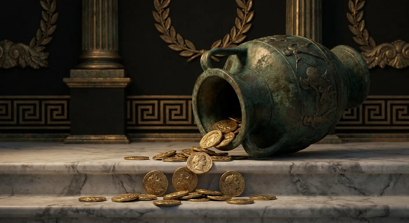 Tipped bronze amphora on white veined marble steps with ancient gold coins spilling out, dramatic cinematic editorial still l