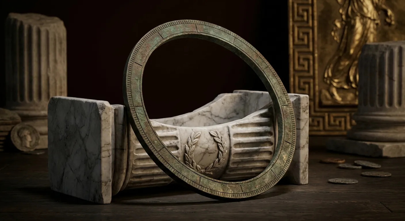 Aged bronze astrolabe ring on edge in carved white marble cradle, deep warm dark background with classical gold and stone ant