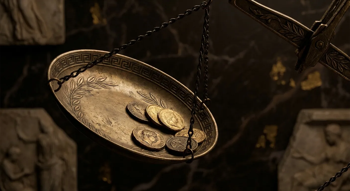 Tilted bronze balance scale pan with ancient struck coins sliding across its dished surface, dramatic side lighting against n