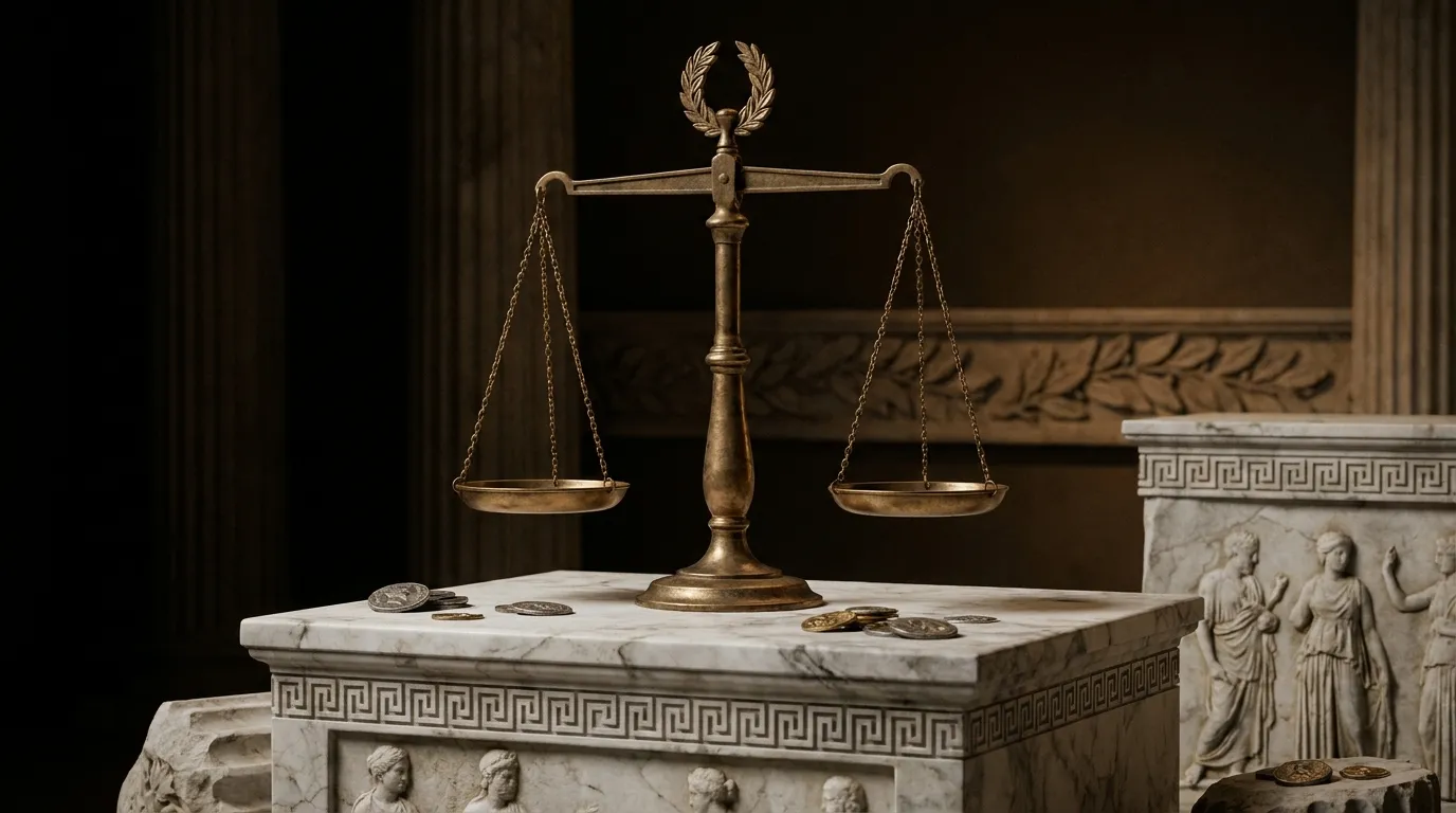 Tall bronze balance scale with empty level pans resting on a white marble plinth, dark warm cinematic background with classic