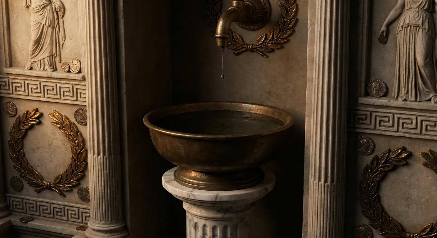 Round bronze water basin on a marble pedestal inside a stone alcove, still dark water with a drip from a bronze spout, classi