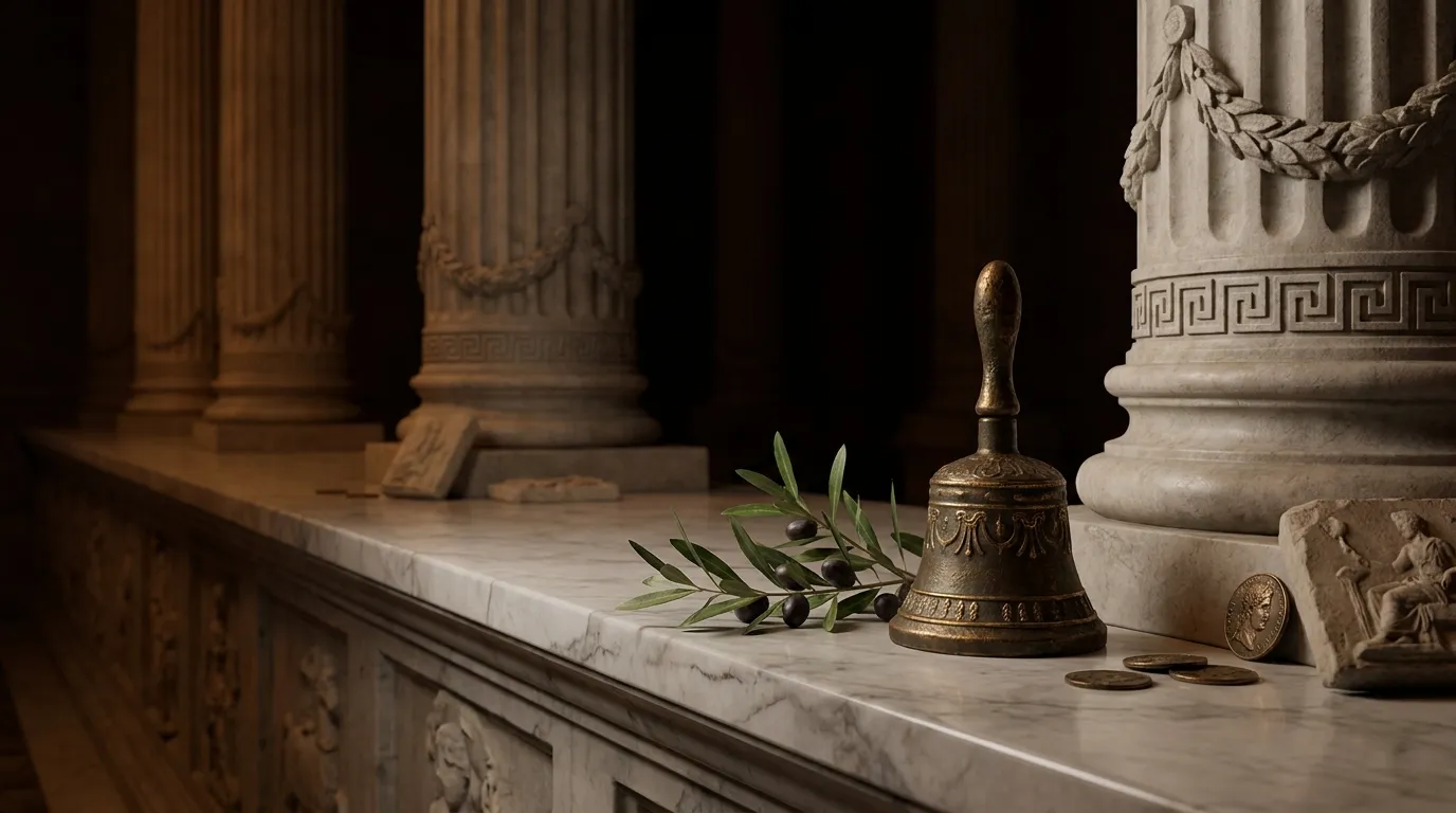 Small bronze hand bell and fresh olive branch resting on veined marble counter in dimly lit classical colonnade with fluted c