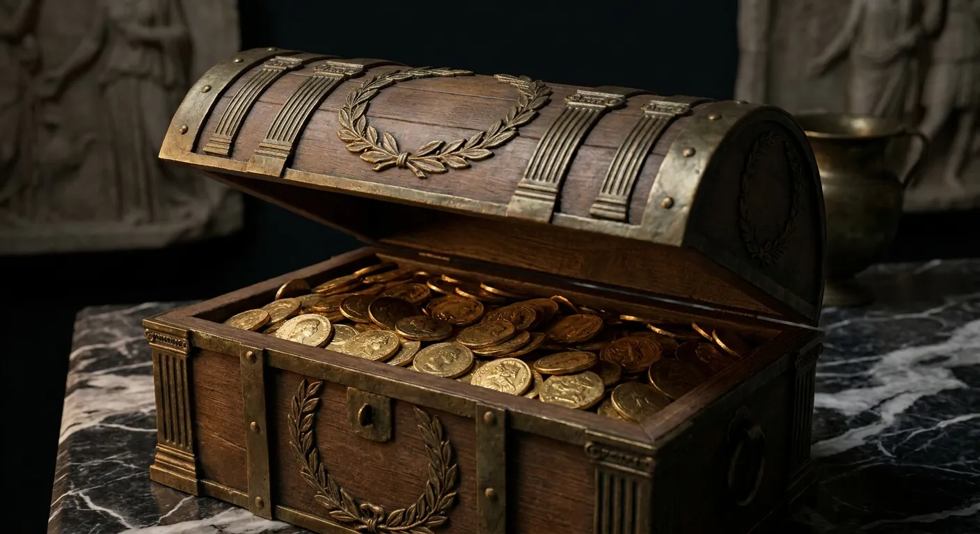 Open bronze-bound wooden strongbox on dark veined marble, interior filled with worn gold discs, warm cinematic side lighting