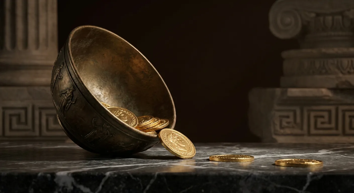 Tilted aged bronze bowl on dark veined marble with gold discs sliding from its lip, cinematic editorial still life with class