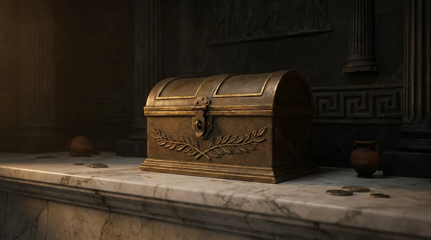 A small sealed bronze casket with a domed hinged lid and laurel band stands alone on a veined marble shelf in warm cinematic 