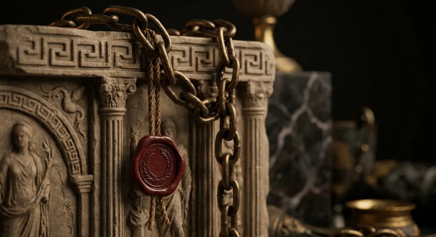 Aged bronze chain across a carved stone gate with dark red laurel wax seal, cinematic side-lit classical antiquity still life