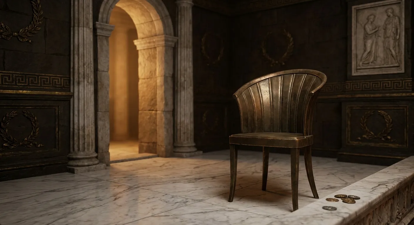 Empty ornate bronze chair with curved back on veined marble floor, warm golden light spilling through an arched stone doorway