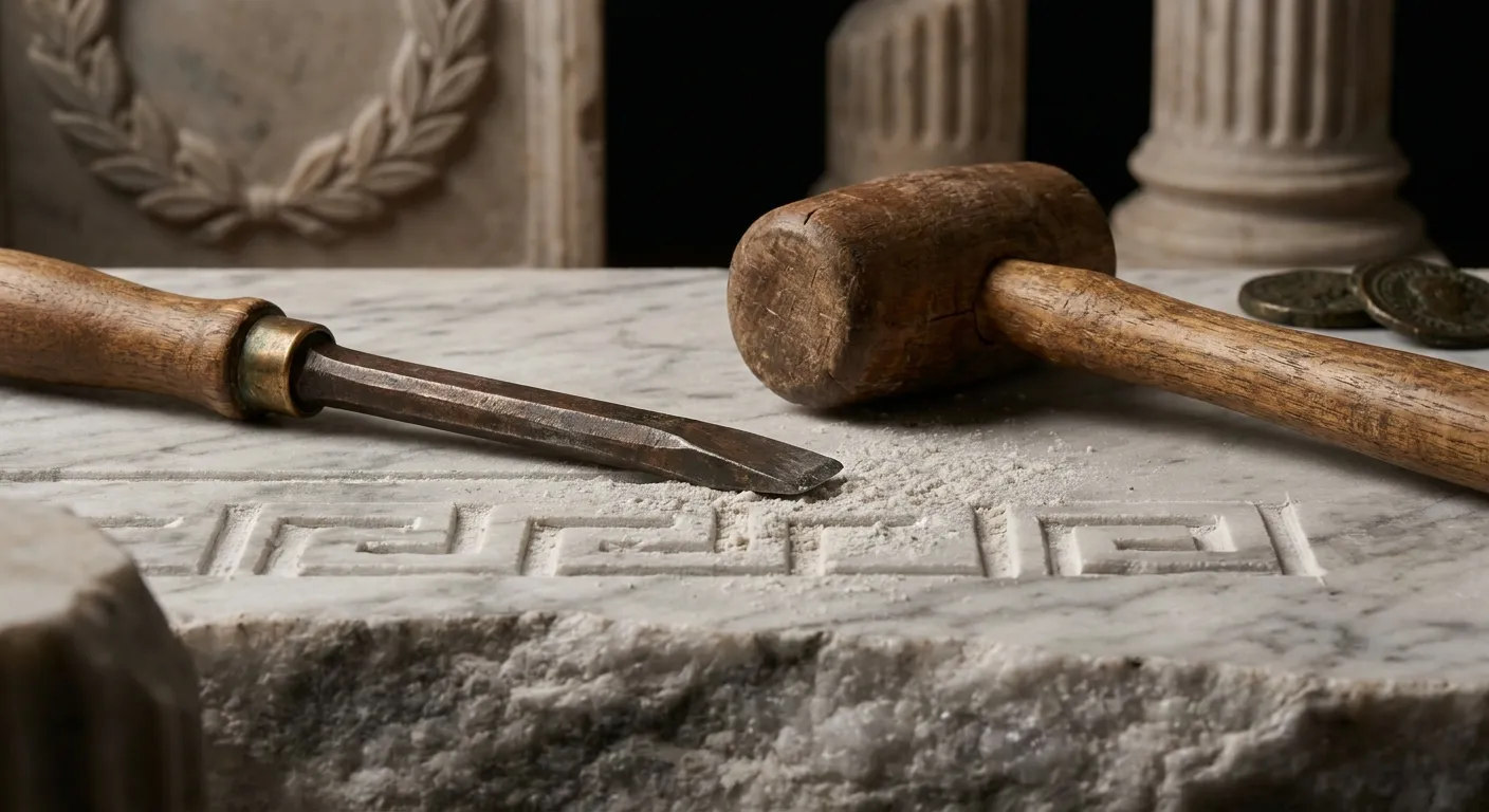 Bronze-collared stone chisel and wooden mallet rest on veined marble slab beside a half-carved Greek key meander groove duste