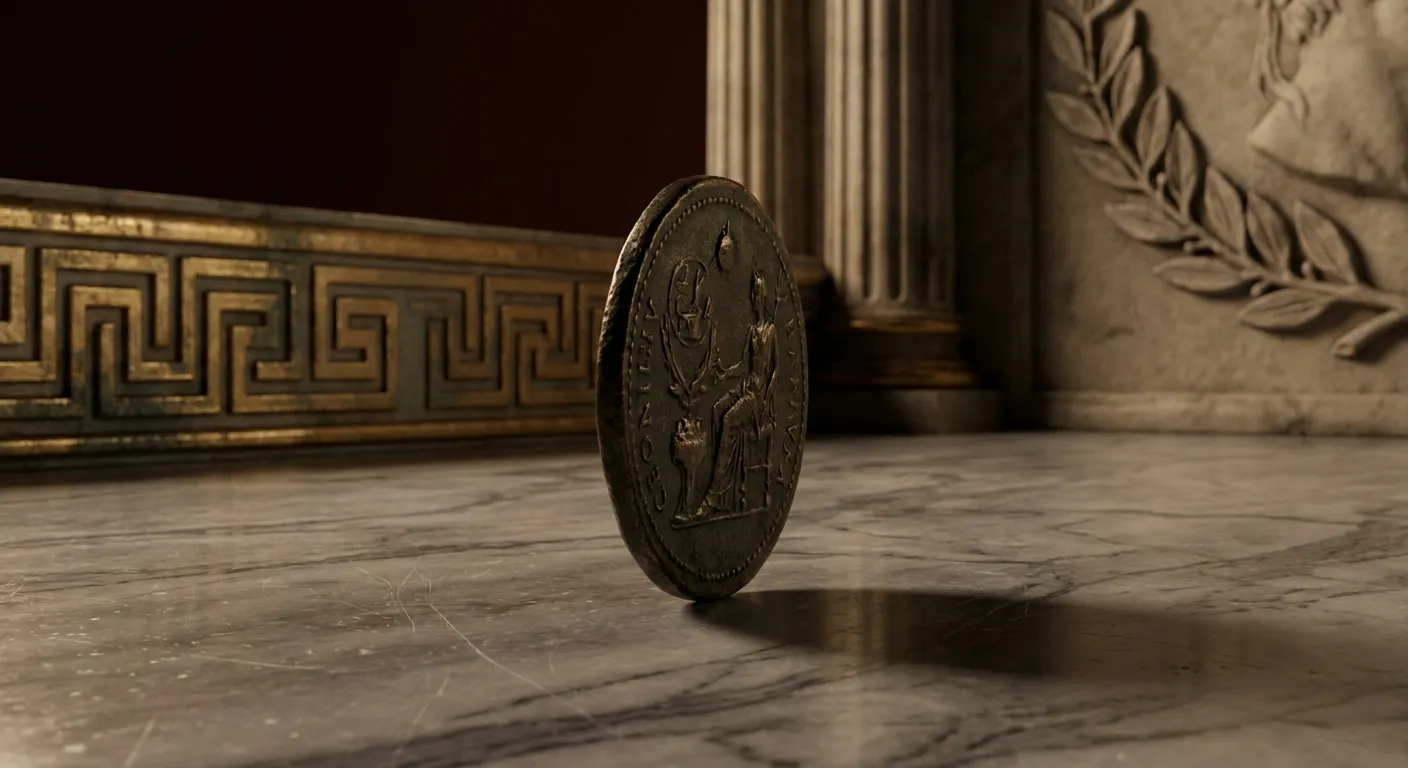 A single struck bronze coin balanced upright on its edge atop a polished marble slab, shot from a low angle with soft directi