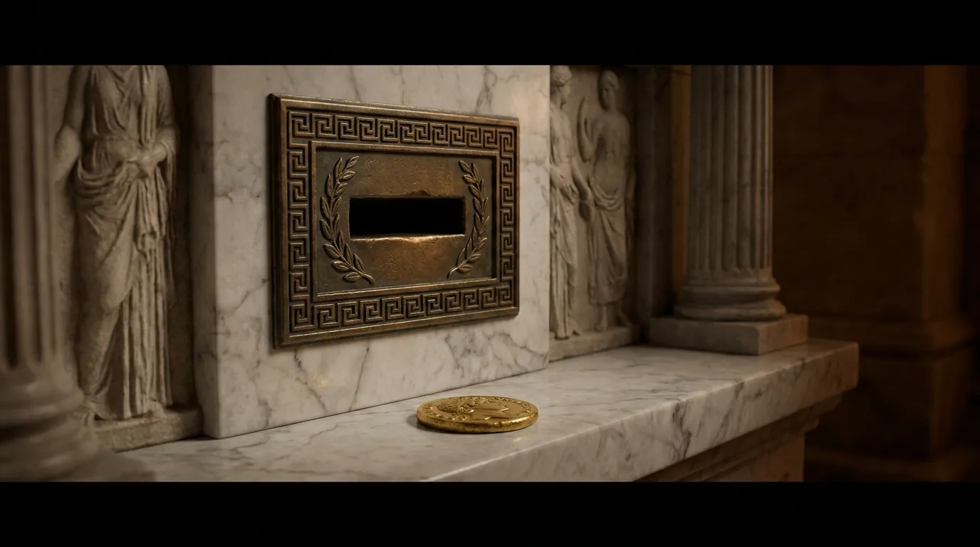 Heavy bronze coin slot in polished marble plinth with single returned gold coin resting on ledge below, dark cinematic editor