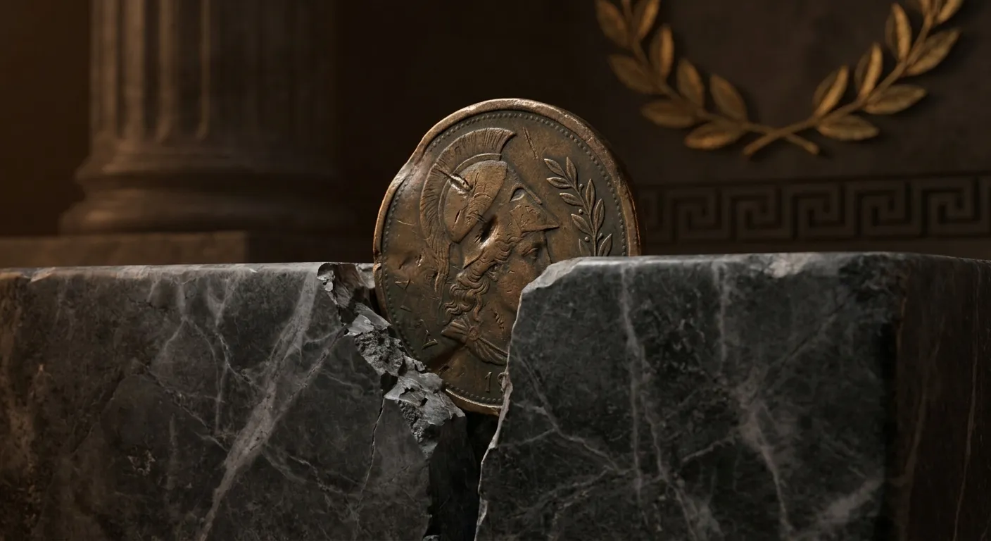 Extreme macro close-up of a bent scuffed bronze coin wedged tightly in a narrow carved stone groove, cinematic warm side ligh