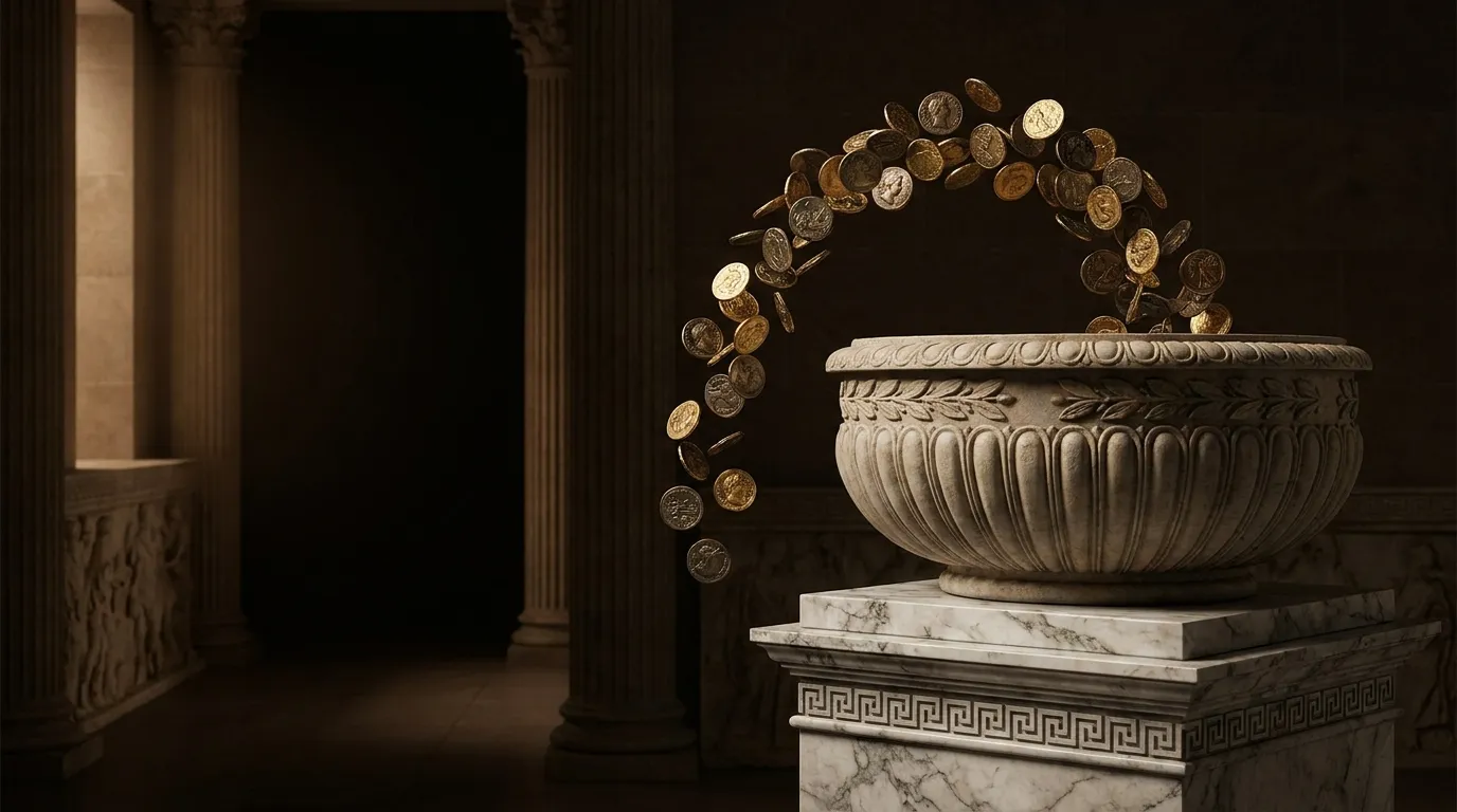 Bronze coins frozen mid-arc falling into a deep carved stone basin on a marble pedestal, dark cinematic warm background