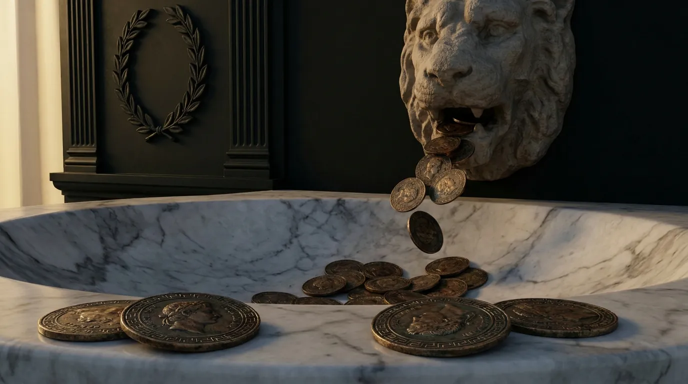 Aged bronze coins cascading from a carved stone lion-head spout into a white veined marble basin against a near-black warm ba