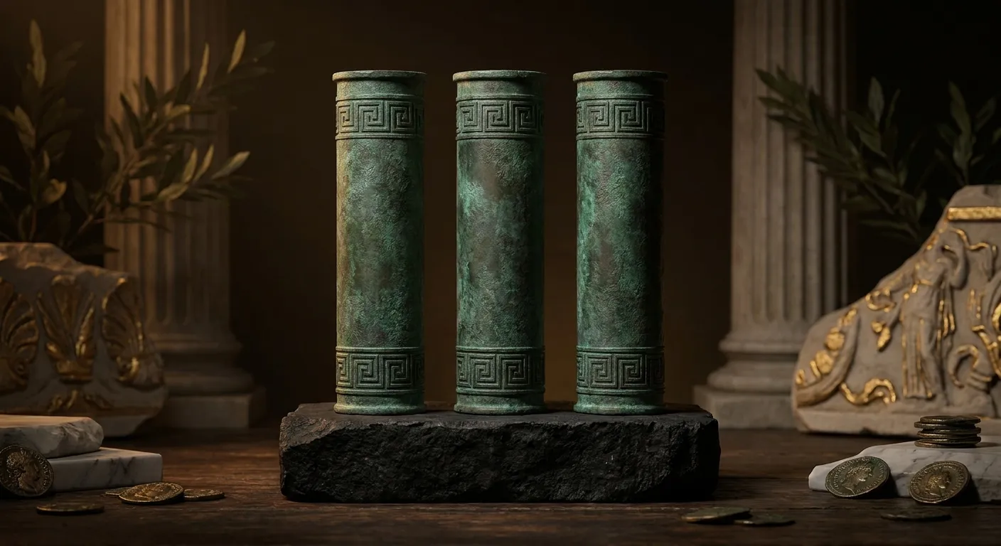 Three aged bronze cylinders engraved with Greek key meander bands stand upright on a black stone plinth, one slightly rotated