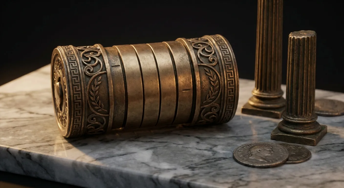 Bronze cylindrical puzzle lock with blank rotating rings on grey veined marble, cinematic macro still life with warm dark bac