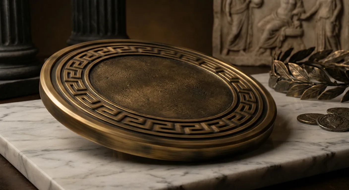 Flat bronze disc with Greek key meander rim spinning fast on polished marble tabletop, edge blurred, dark cinematic still lif