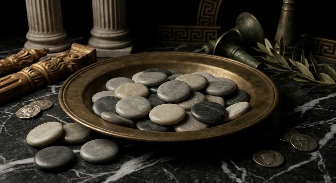 Overhead cinematic still life of a wide shallow bronze dish filled with smooth grey and cream stone discs resting on white ve