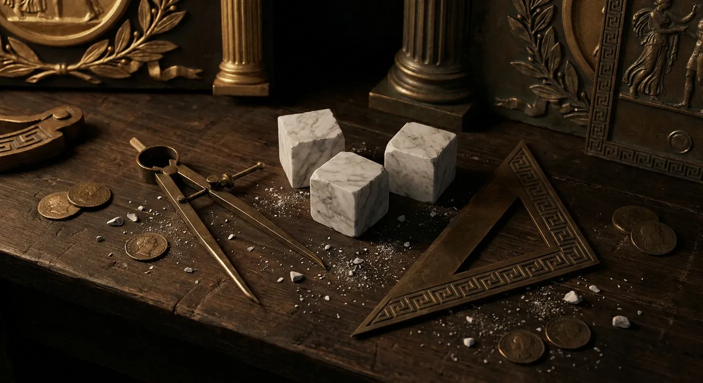 Overhead cinematic still life of bronze dividers and set square beside veined marble masonry blocks with stone dust on a dark