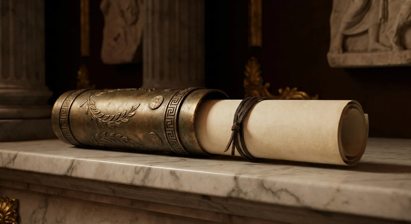 Open bronze document case with blank rolled parchment scroll on veined marble shelf, cinematic still life with classical anti
