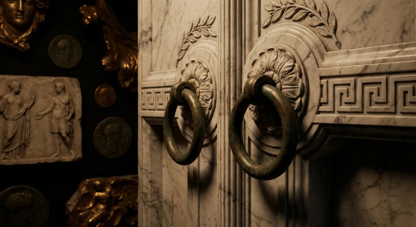 Heavy aged bronze door rings on carved rosette mounts against white veined marble door jamb, cinematic side lighting with cla