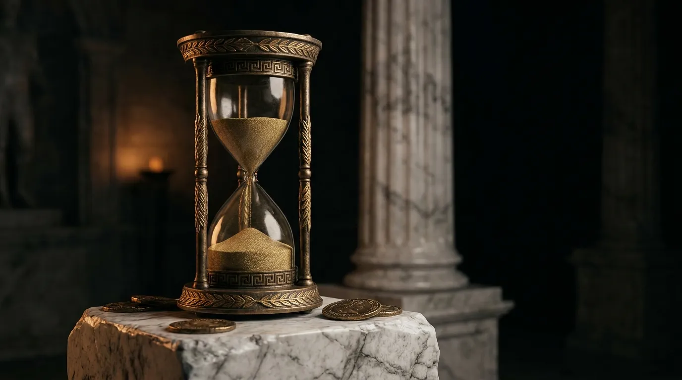 Tall bronze and glass hourglass with fine gold sand on a white marble pedestal in a dark cinematic hall with fluted column be