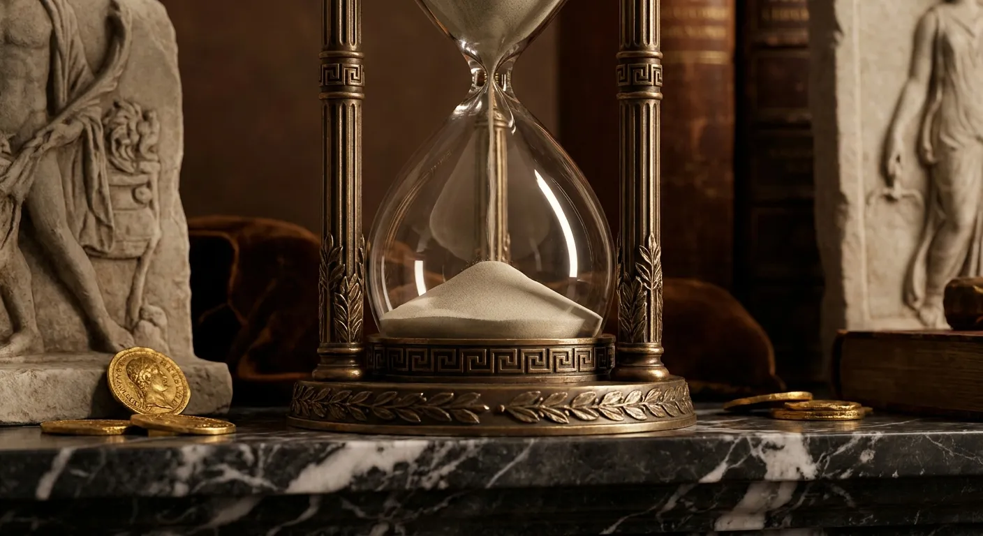 Close-up of a bronze-framed hourglass on a veined marble ledge, pale sand trickling through glass, warm dark cinematic editor