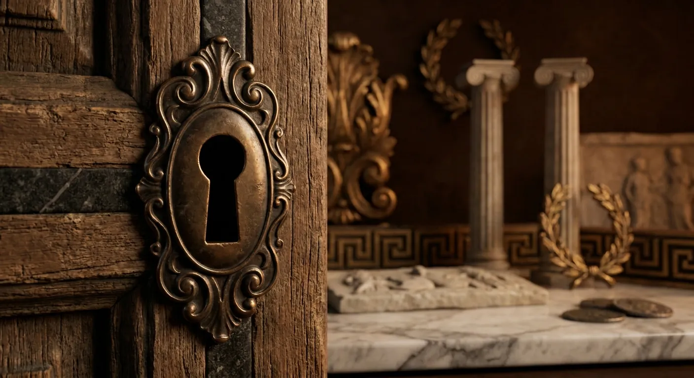 Macro shot of an ornate worn bronze keyhole escutcheon on dark aged wood with marble veining and classical antiquity accents.