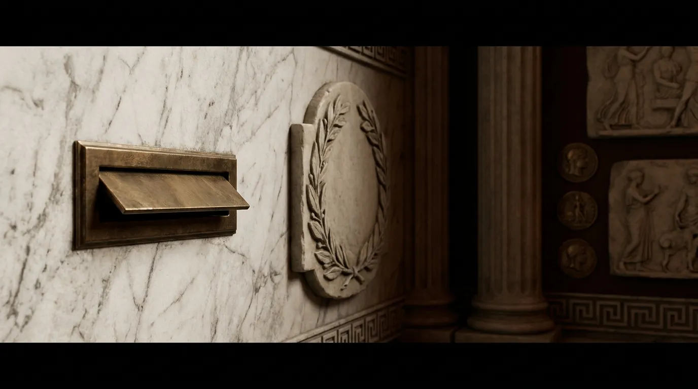 Narrow bronze letter slot slightly ajar in smooth marble wall beside carved laurel stone plaque, dramatic cinematic side ligh