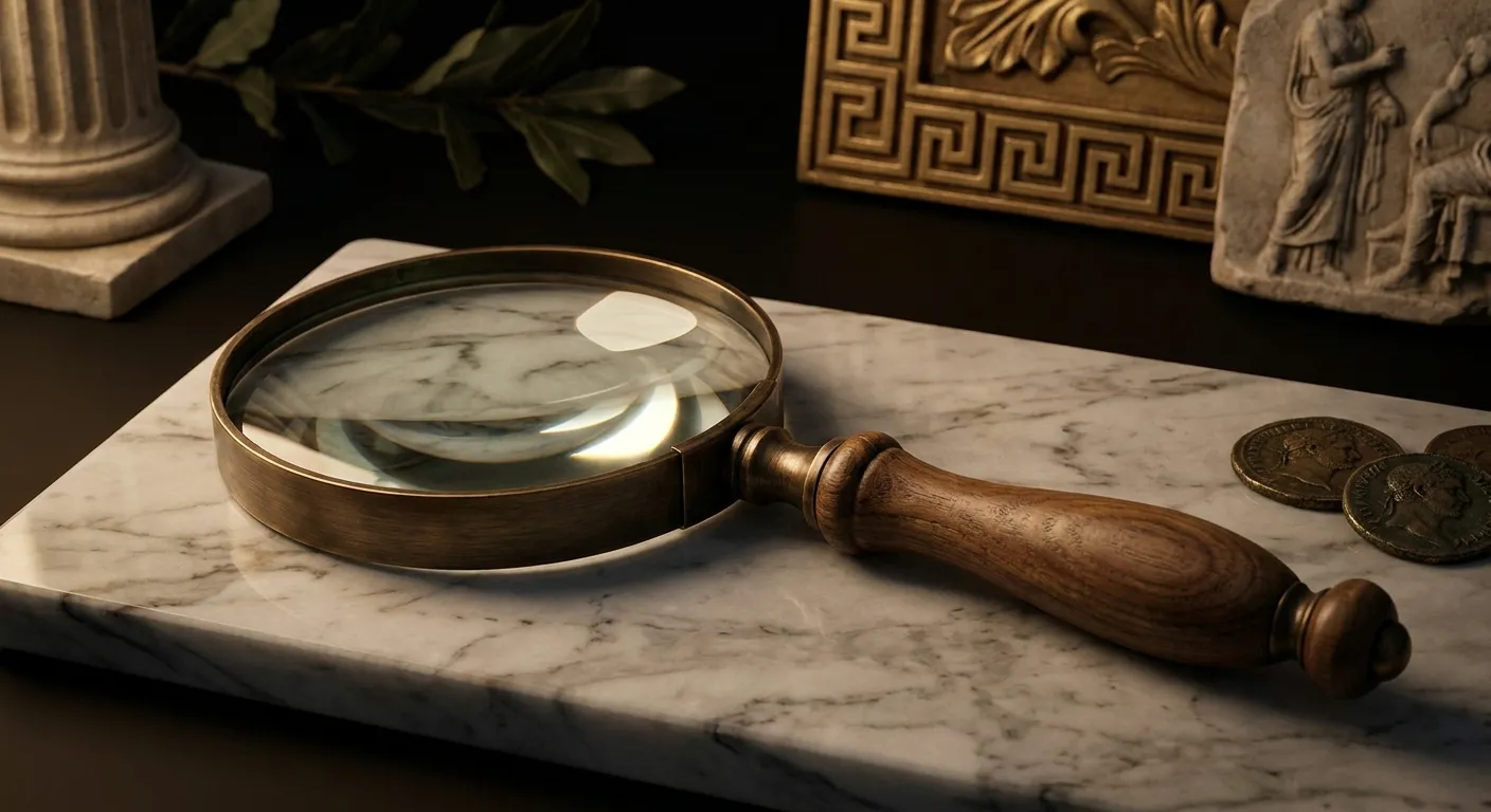 Bronze-framed magnifying glass with turned handle lying on polished white marble, glass distorting veining, dramatic warm cin