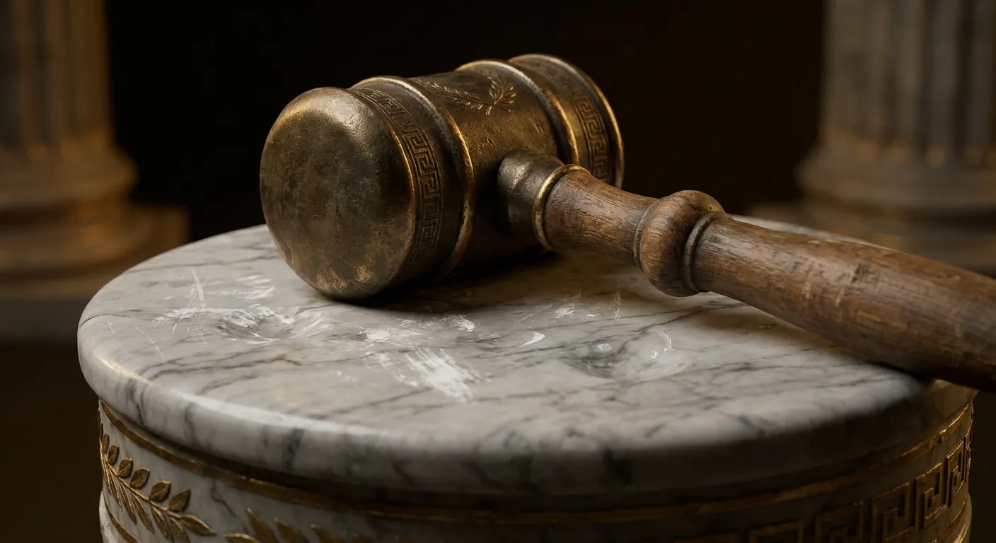 Heavy bronze mallet with turned handle resting on its side atop a scuffed white veined marble disc, dark cinematic background