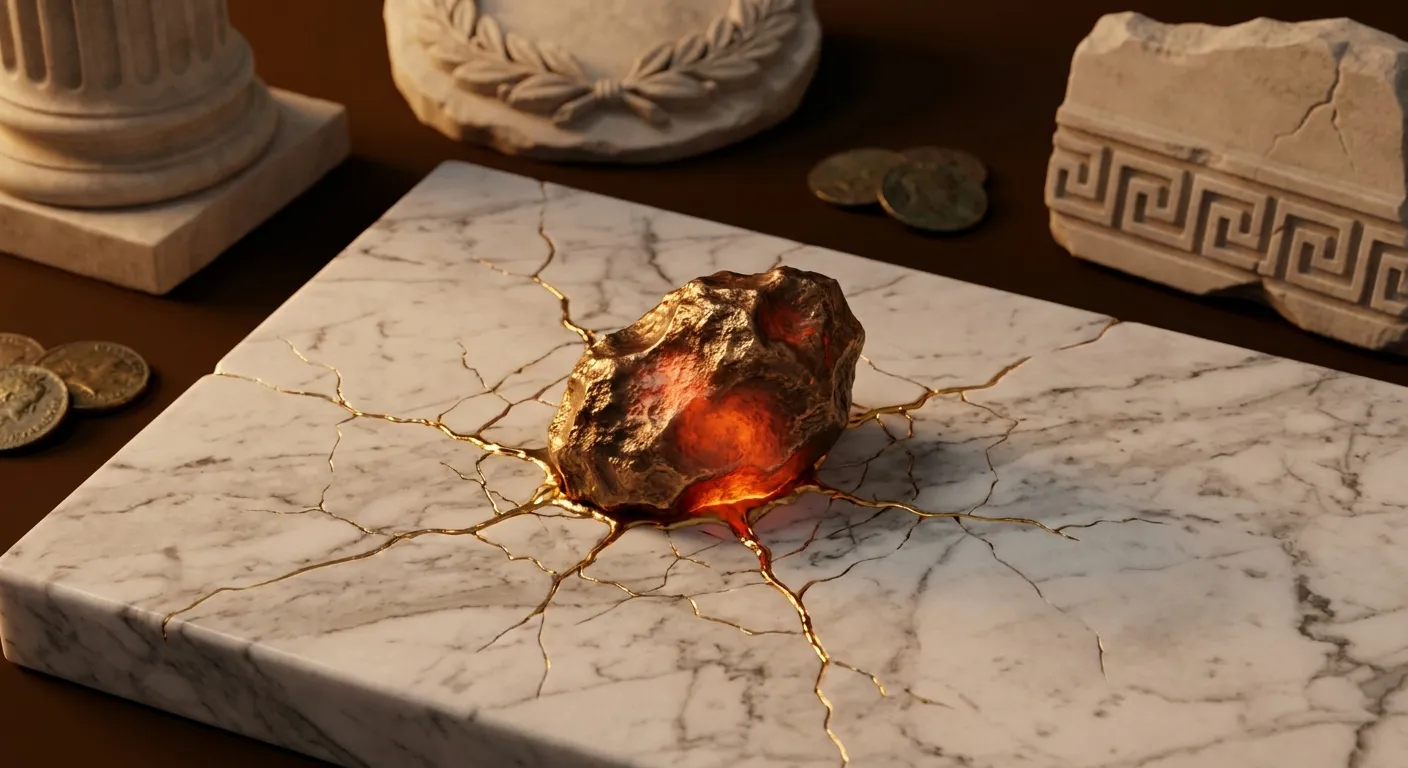 Glowing bronze meteor fragment half-buried in cracked white marble slab, hairline fractures filled with molten gold, dark cin