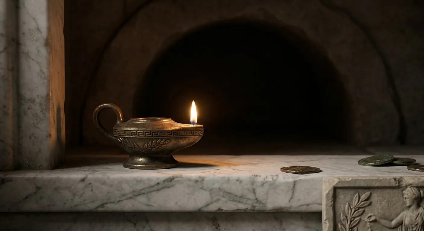 A small bronze oil lamp burns with a single steady flame on a veined marble ledge before a dark unlit stone archway, soft cin
