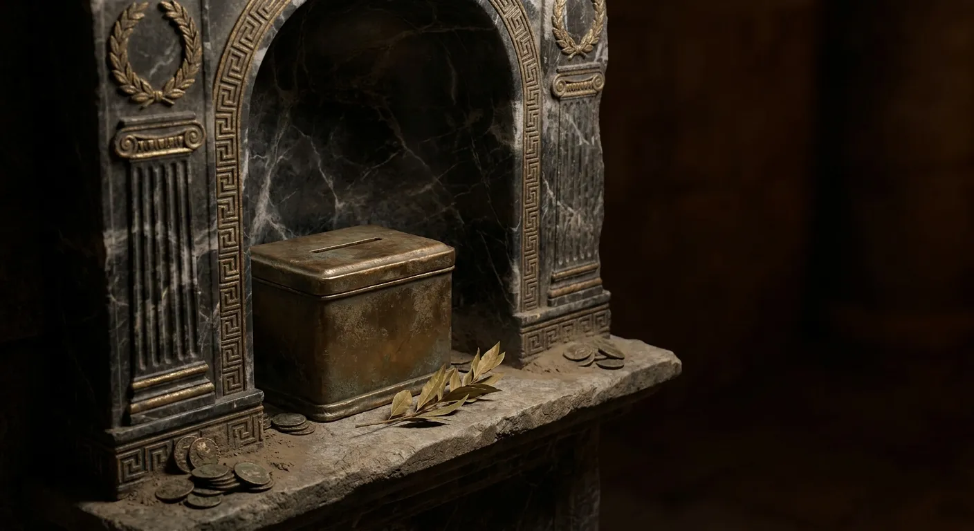 Aged bronze petition box with narrow slot resting in a carved stone niche, single laurel sprig on marble ledge, dark cinemati